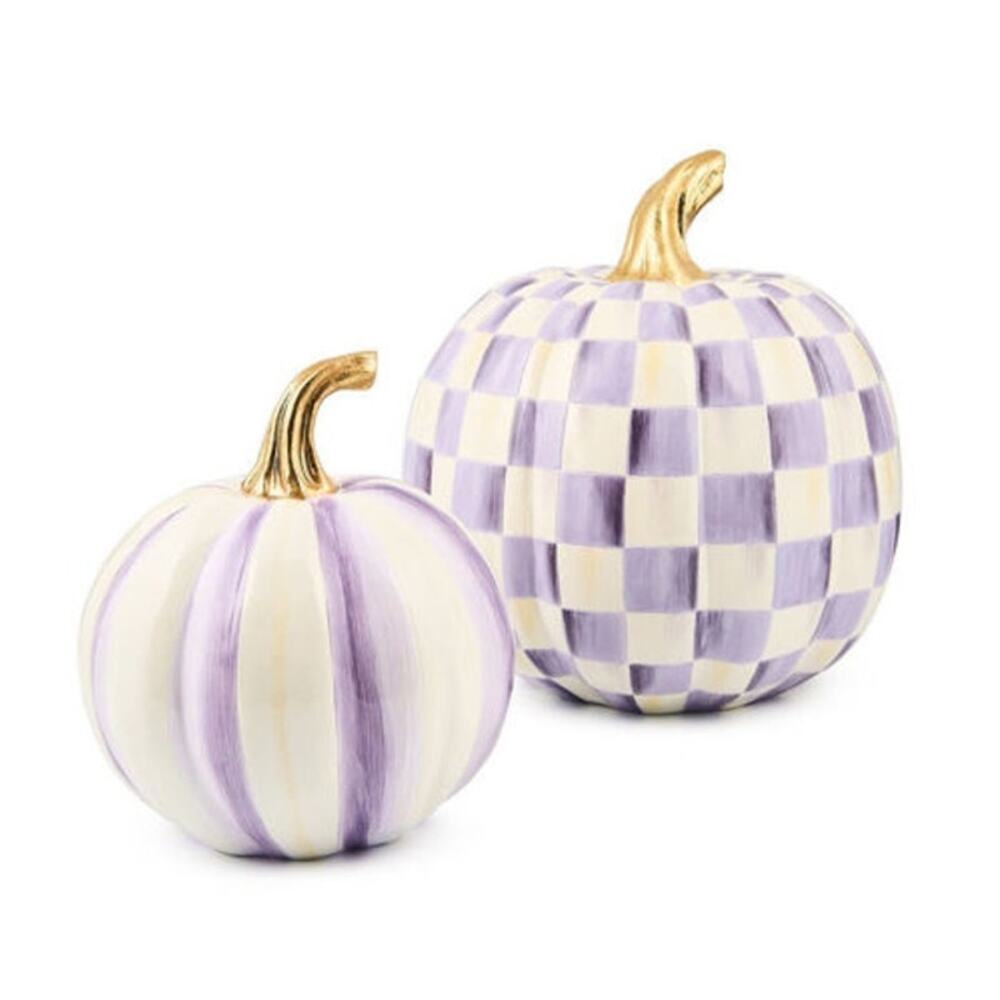 NEW Mackenzie-Childs Violet Stripe Small & Check Medium Pumpkin Set Hand Painted